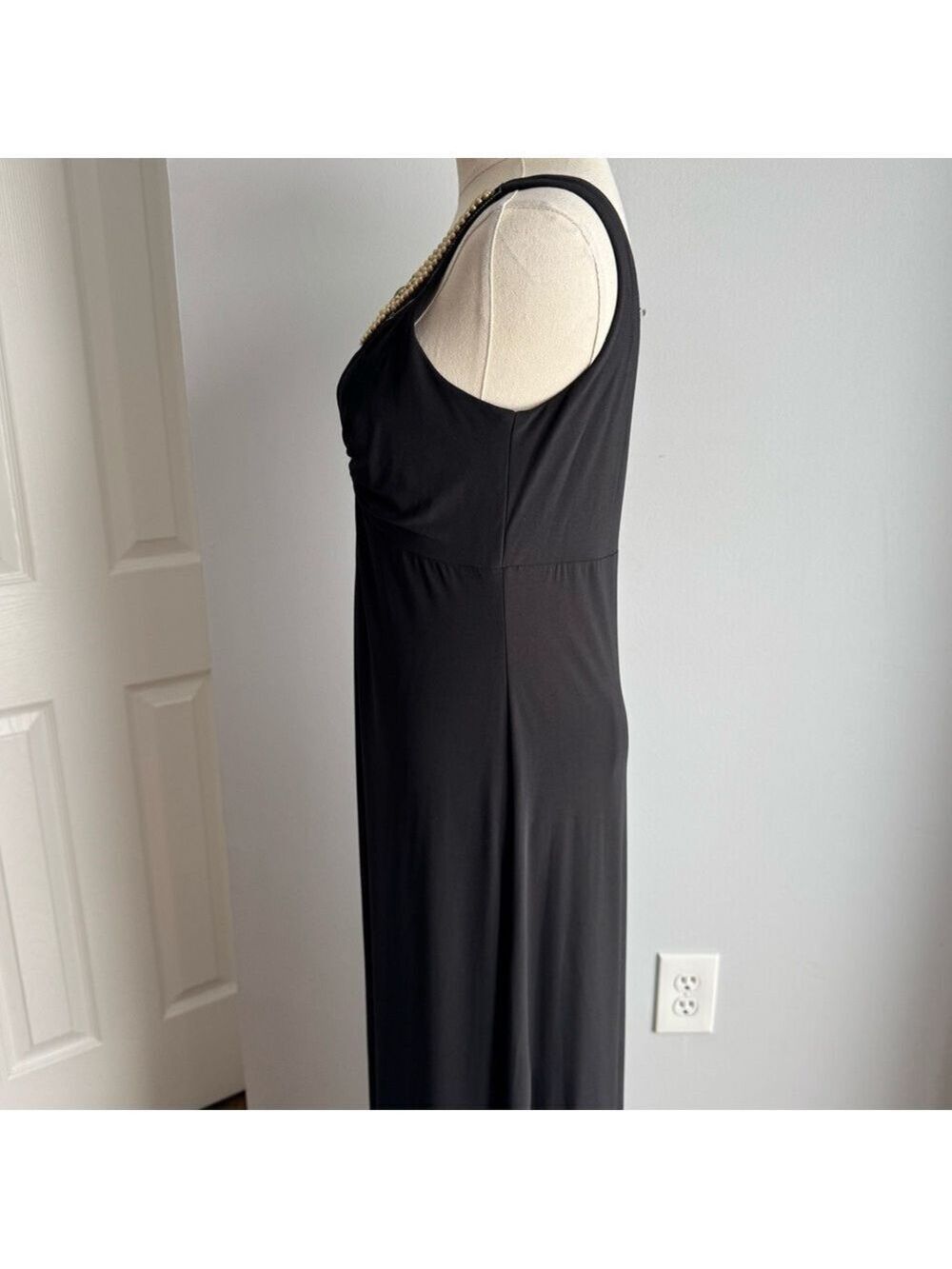 Black Beaded Maxi Dress Sz 2 XS Sleeveless V-Neck Boho Glam Evening Gown Party - Picture 9 of 15